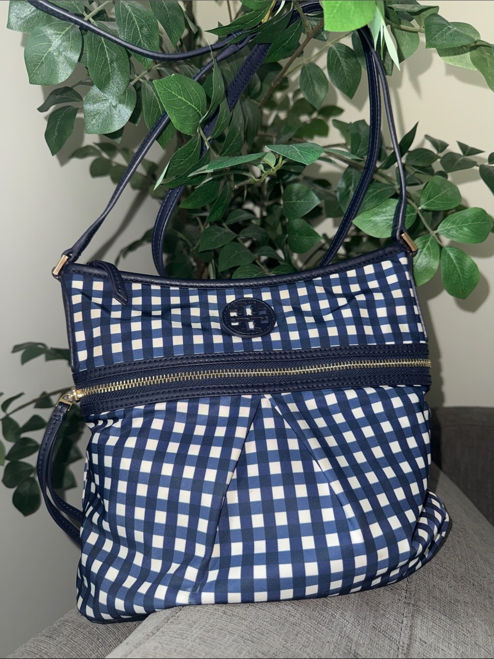 Tory Burch Navy and White Gingham Crossbody Bag